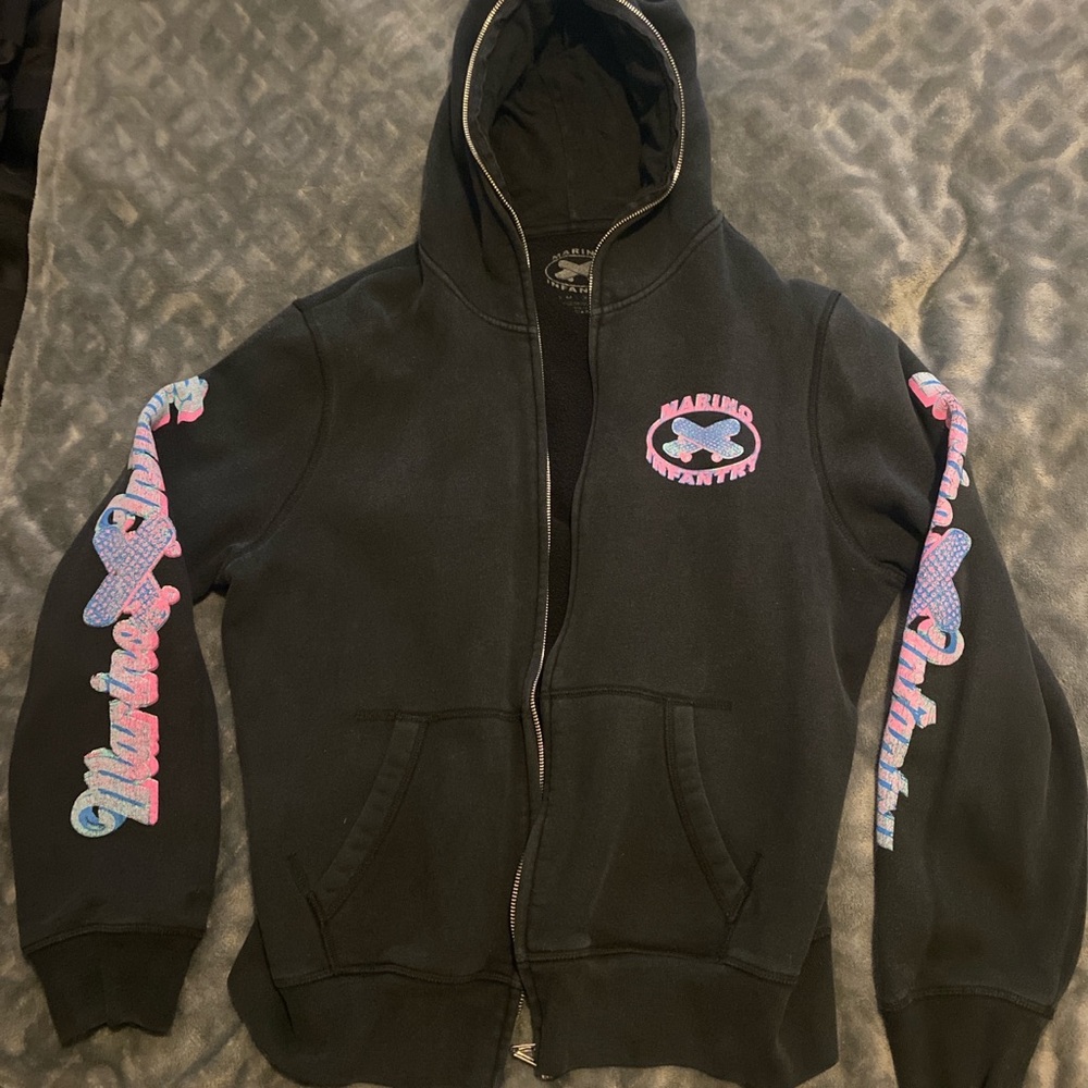 Black and Pink Zip Up Sweater with Decorative Sleeves
